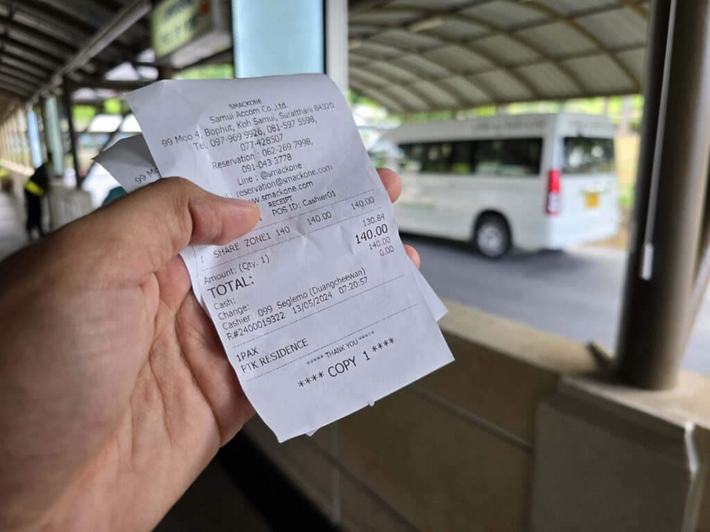 ticket receipt of the minivan, which I booked from the Samui Airport to my Hotel, which cost me in 140 Baht.