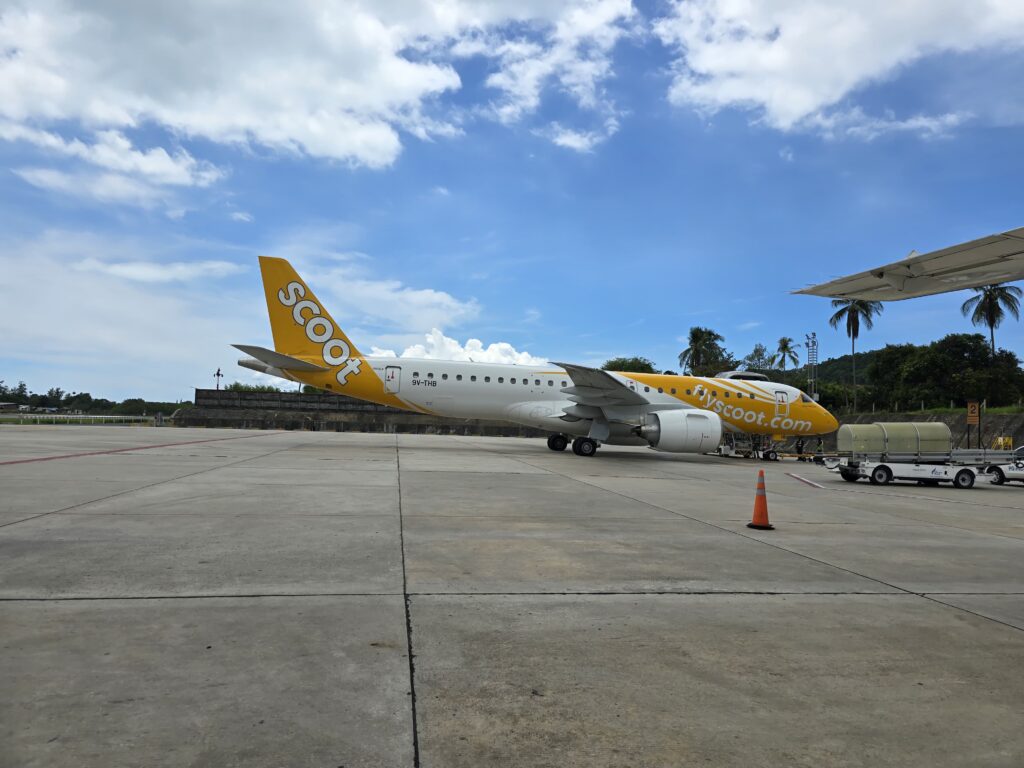 SCOOt air craft is getting ready for takeoff at Samui airport