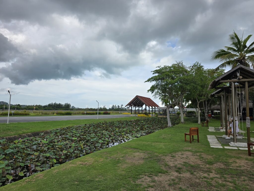 on the right side of the picture there is a runway and on the right side there is open air waiting area, from where you can enjoy the landing and takeoff