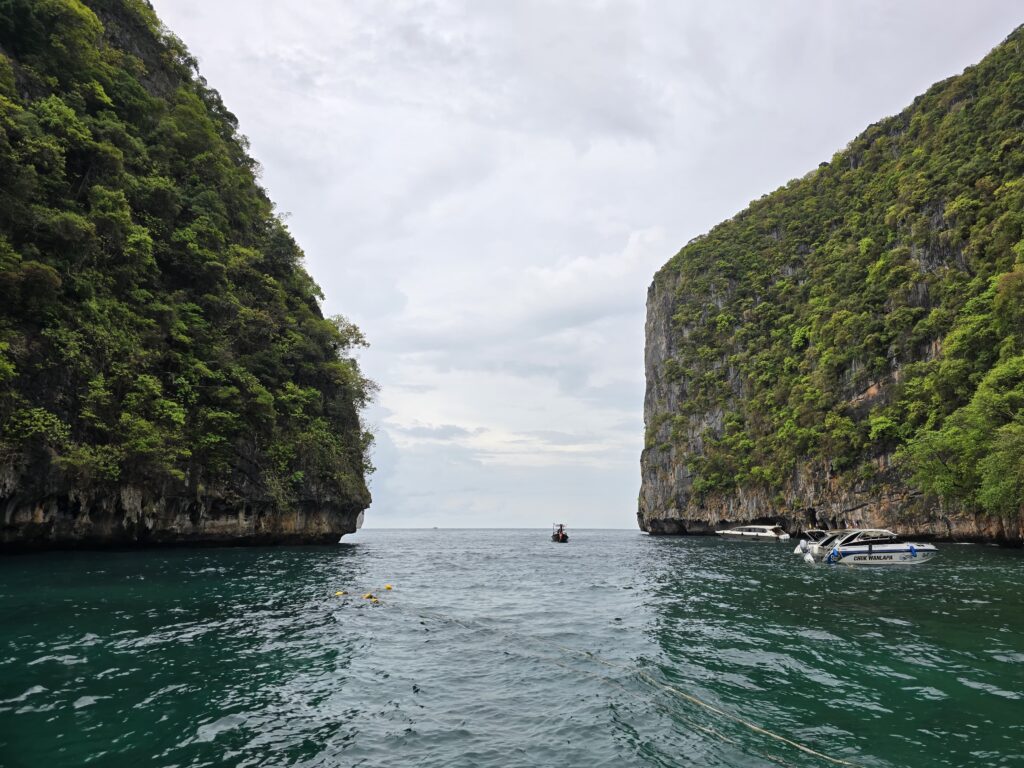 this beautiful cliff and ocean view is from the dock point Maya Bay