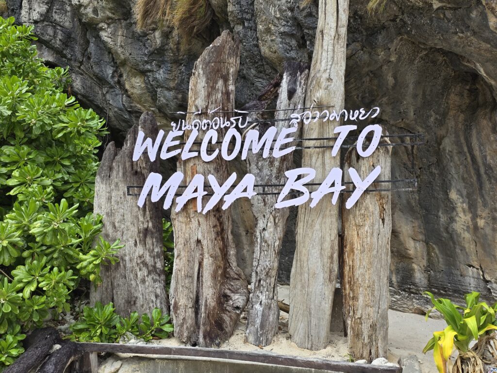 the board which welcomes tourists at  Maya Bay, 